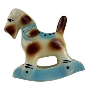 Vintage Ceramic Schnauzer Terrier Dog Planter Small Rocking Blue 7 inches